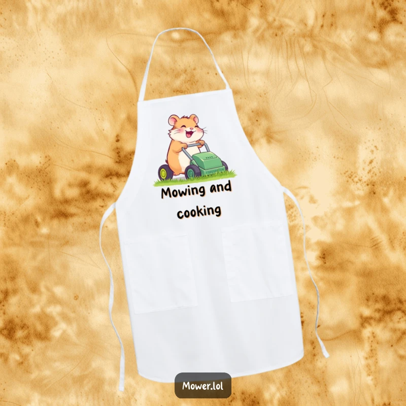 Funny giggling hamster pushing a sputtering lawn mower, on a practical apron, bringing humorous gardening vibes to the kitchen, a funny gift.