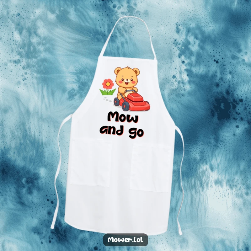 Funny bear cub enthusiastically pushing a lawn mower, suggesting a playful approach to chores and a love for the outdoors. A great funny gift.