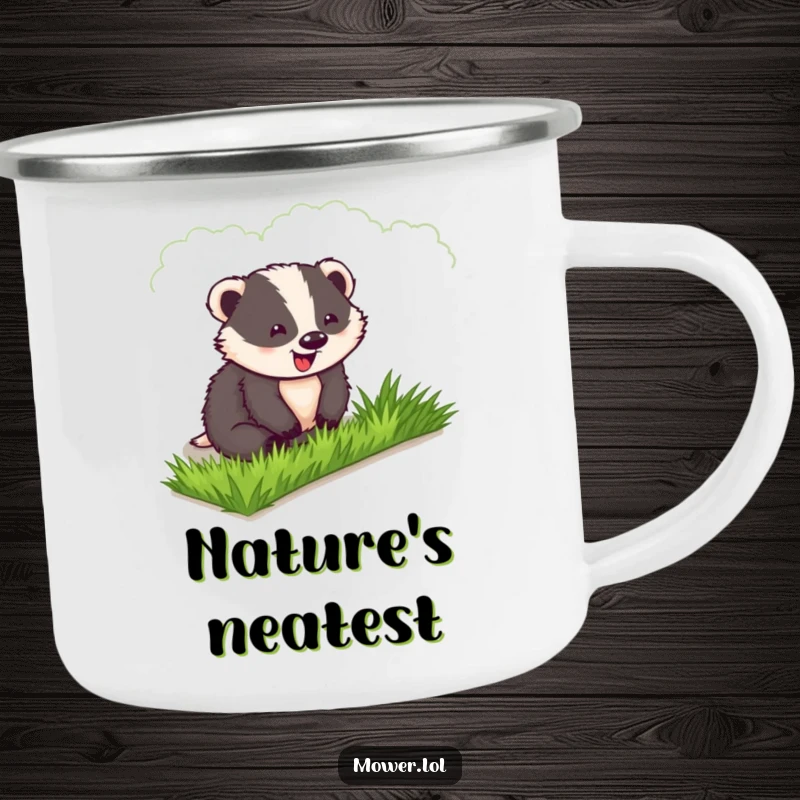 Funny Badger Camping Mug: A delighted badger enjoys the view of his perfectly manicured lawn, a happy camper.