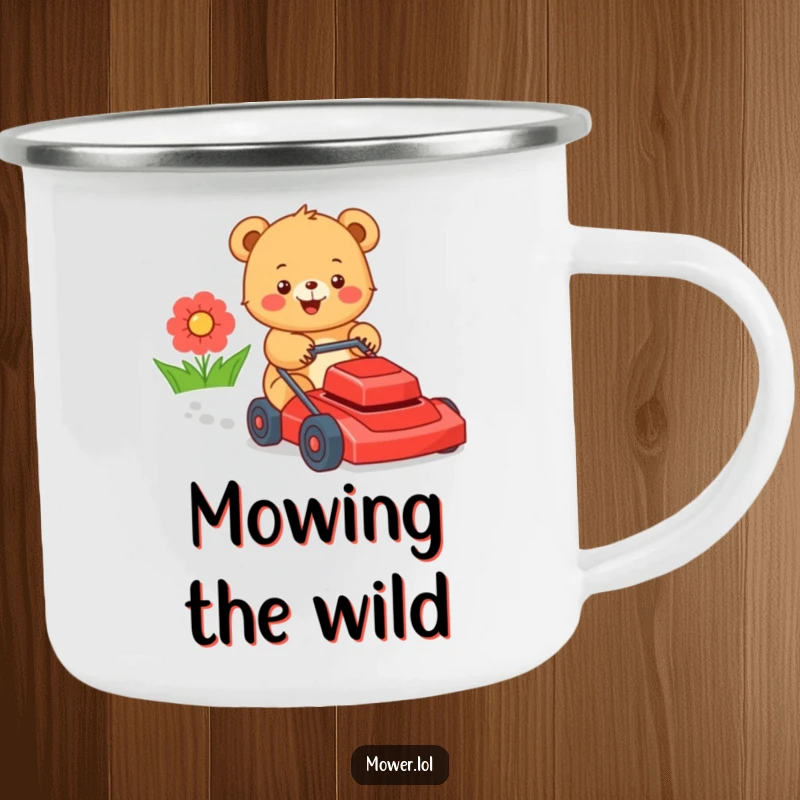 Funny bear cub happily operating a lawn mower, ready for outdoor adventures and campfire stories. A durable funny gift.