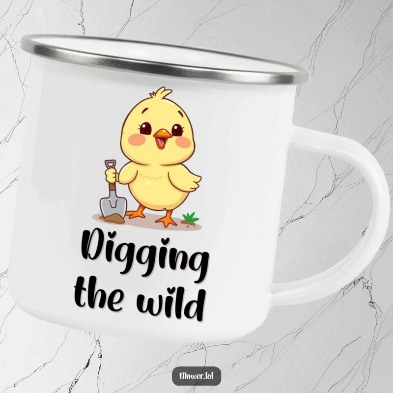 Funny chick with a shovel, digging enthusiastically, ready for outdoor adventures and productive moments. A durable funny gift.