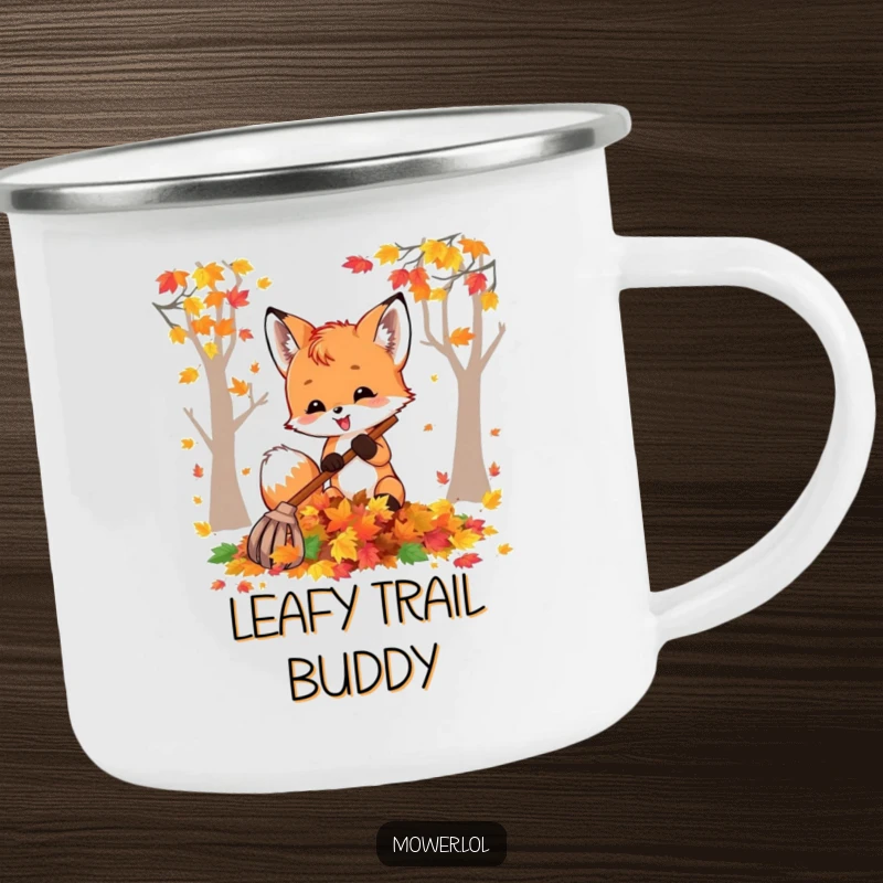 Funny fox cub delightedly raking autumn leaves, ready for outdoor adventures and cozy campfire moments. A durable funny gift.