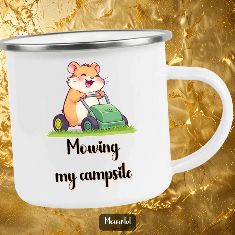 Funny giggling hamster pushing a sputtering lawn mower, on a sturdy camping mug, bringing humorous outdoor vibes, a funny gift.