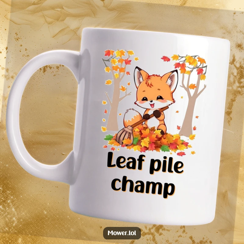 Funny and delighted fox cub merrily raking a large pile of colorful autumn leaves in a forest setting.