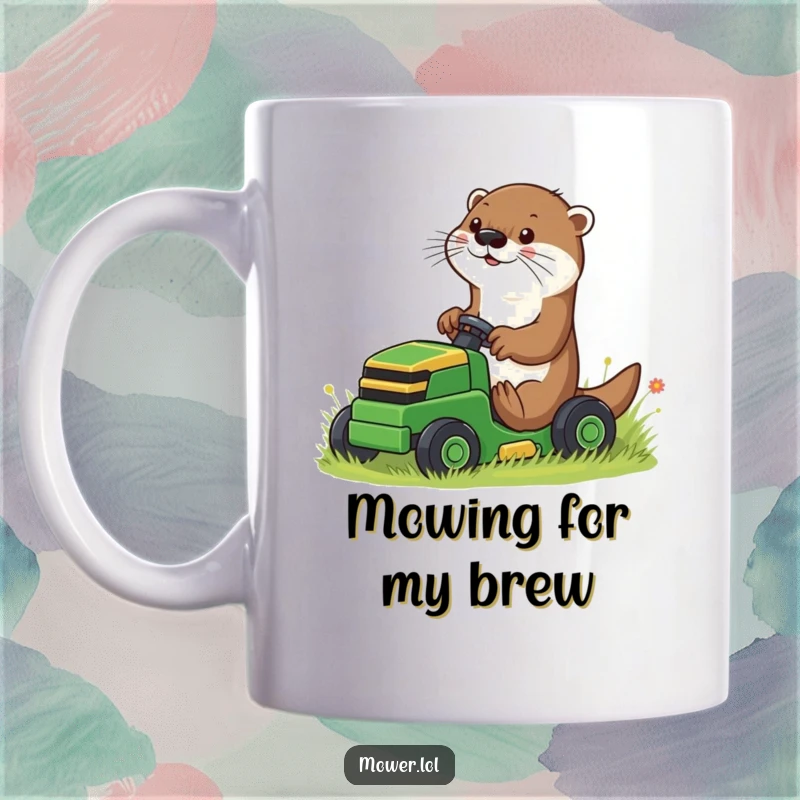 Funny playful otter using its paws to guide a small riding mower on a ceramic mug, a delightful and humorous gift.