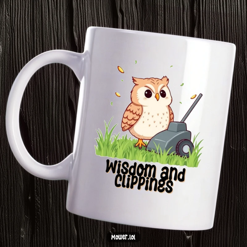 Funny, content owl peacefully observing grass clippings fly from the back of a lawn mower on a ceramic mug, a humorous gift.