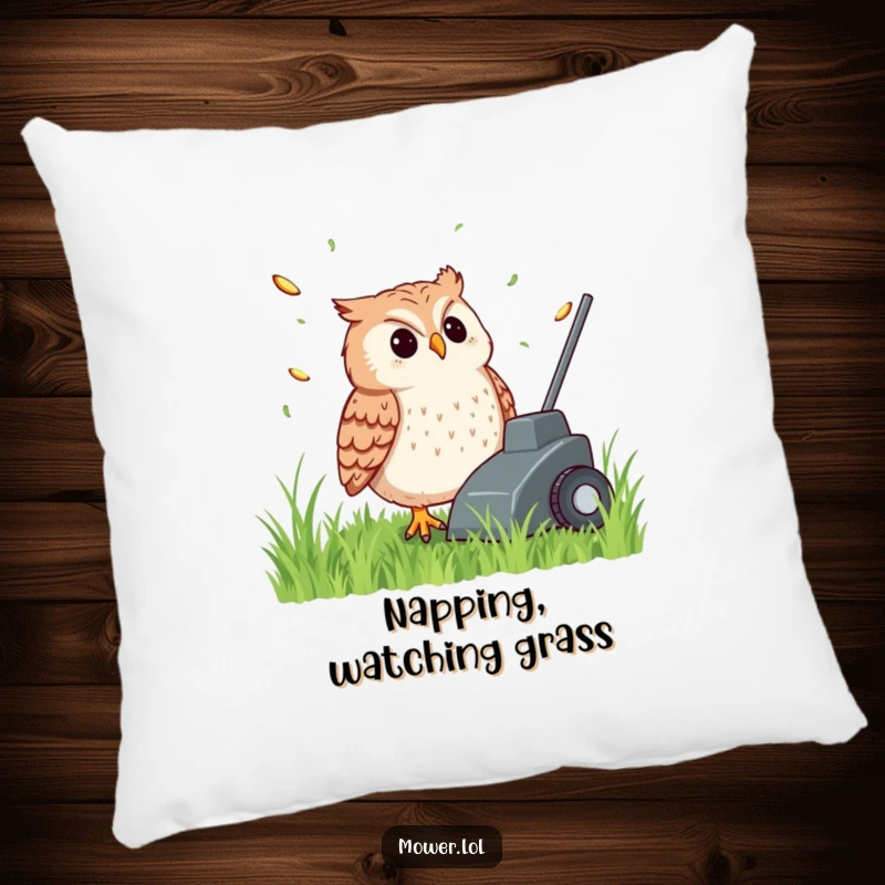 Funny, content owl watching grass clippings fly from a lawn mower, on a soft decorative pillow, offering humorous comfort and a wise touch.