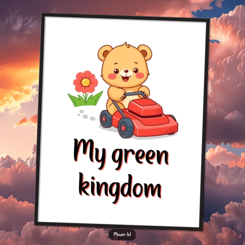 Funny bear cub gleefully pushing a lawn mower, capturing a moment of pure joy and outdoor silliness for digital display. A perfect funny gift.