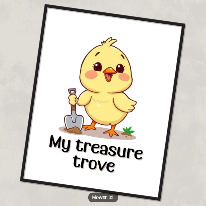 Funny chick enthusiastically digging with a small shovel, capturing a moment of joyful hard work for digital display. A perfect funny gift.