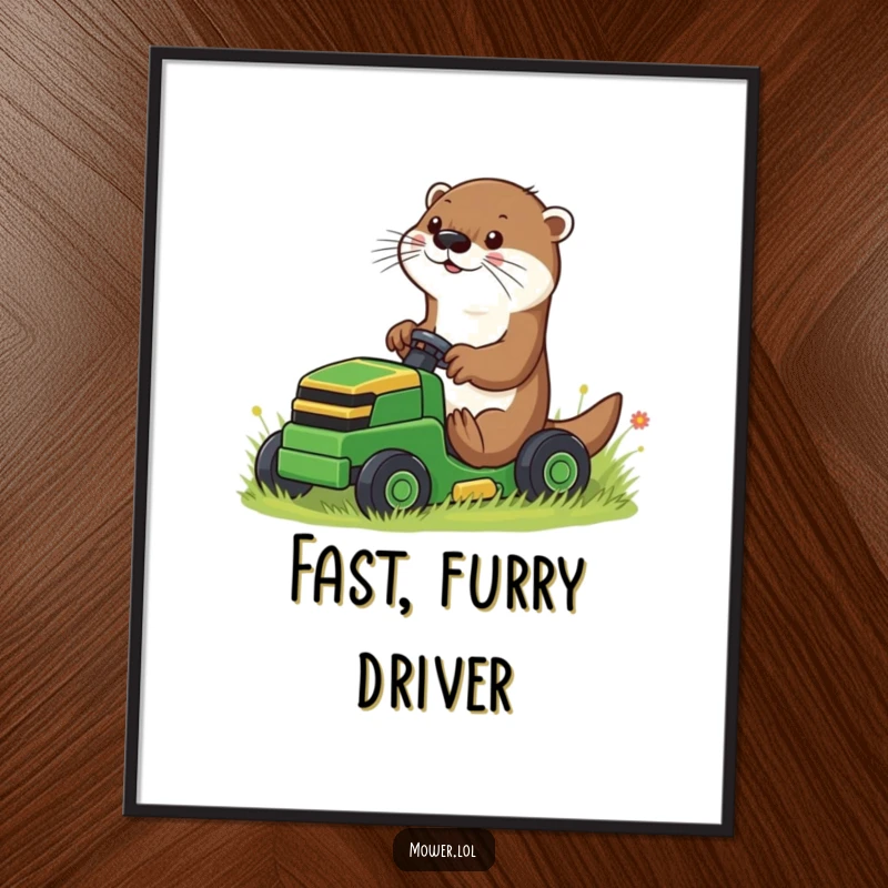 Funny playful otter using paws to guide a small riding mower, as a digital art print, offering downloadable humor and a unique gardening gift.