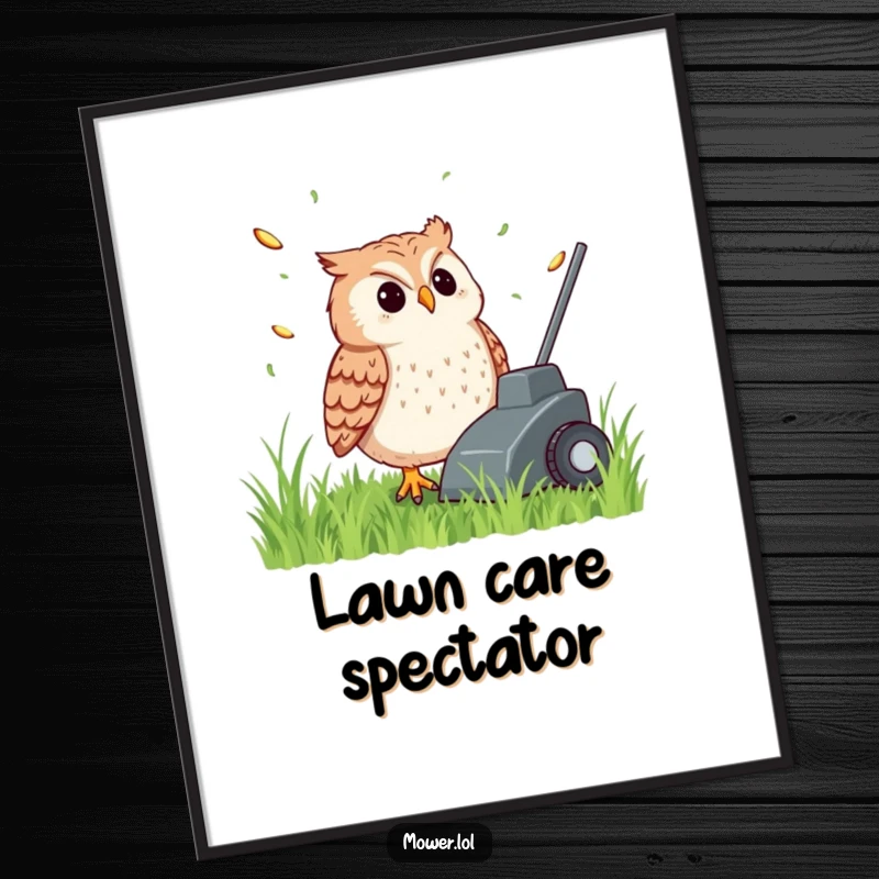 Funny, content owl watching grass clippings fly from a lawn mower, as a digital art print, offering downloadable humor and a unique gardening gift.