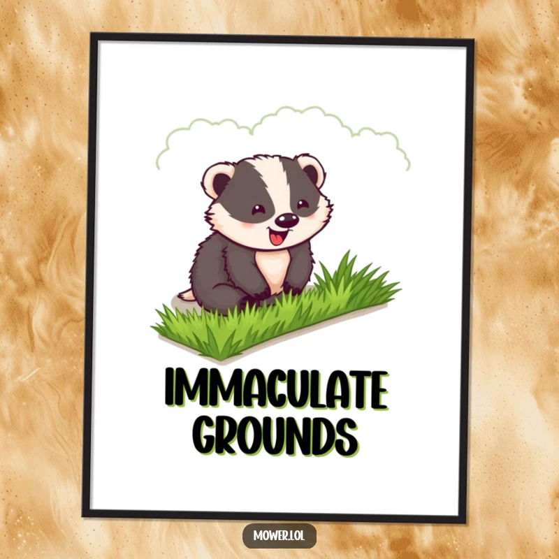 Funny Badger Digital Art Print: A delighted badger admires his impeccably manicured lawn, a humorous piece of wall art.