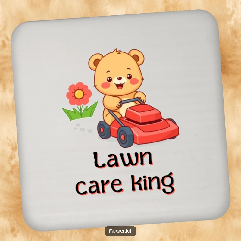 Funny bear cub pushing a lawn mower, adding a touch of whimsical outdoor fun to protect your furniture. A practical funny gift.