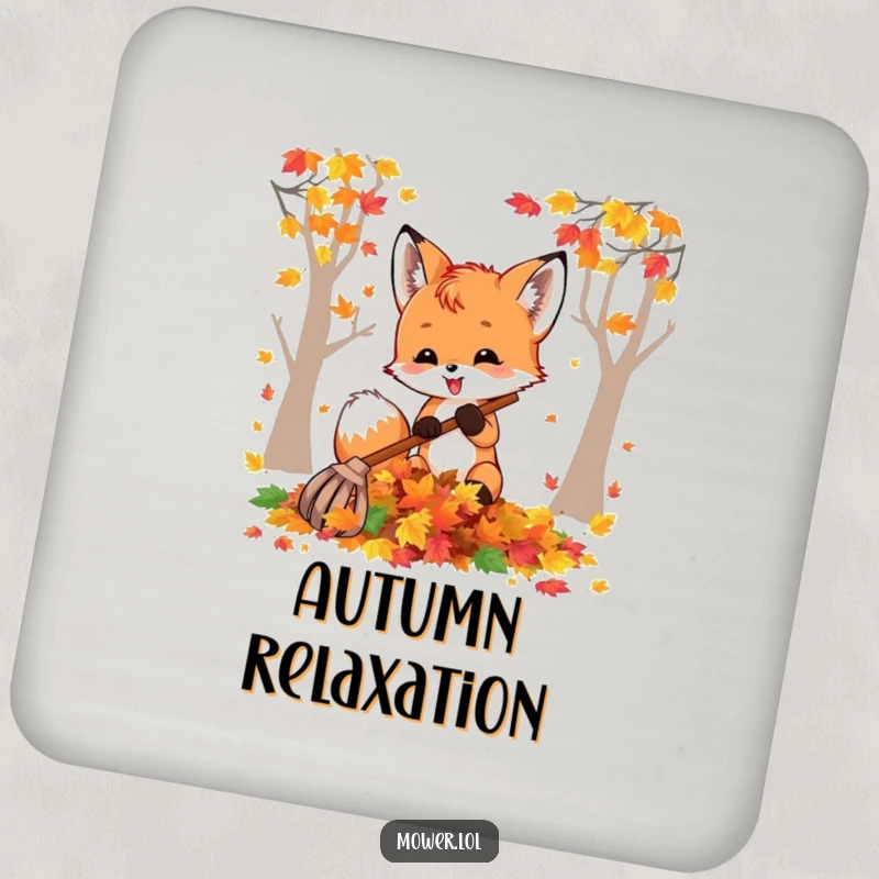 Funny fox cub raking colorful autumn leaves, adding a touch of whimsical fall fun to protect your furniture. A practical funny gift.