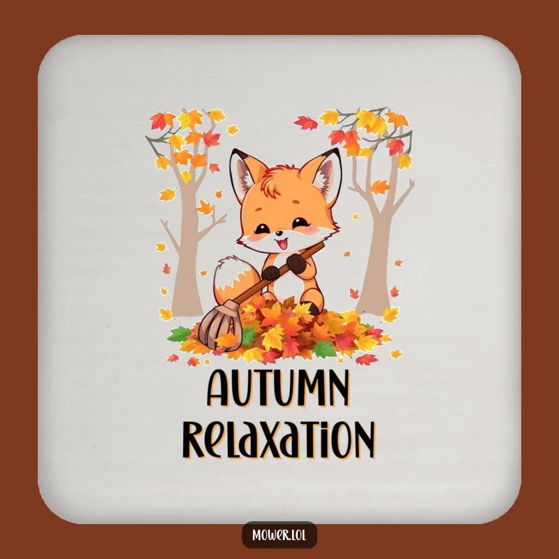 Funny Fox Cub Raking Leaves Coaster: Hilarious Autumn Protection Gift!