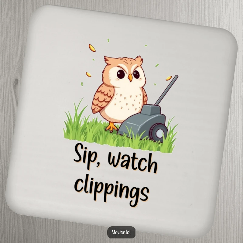 Funny, content owl watching grass clippings fly from a lawn mower, on a drink coaster, offering humorous table protection and a wise touch.