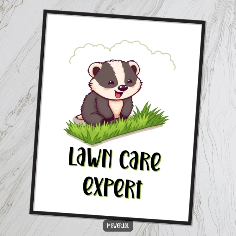 Funny Badger Poster: A delighted badger stands proudly, admiring his perfectly manicured strip of lawn, a true landscape artist.