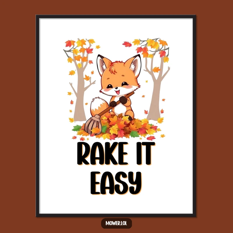 Funny Fox Cub Raking Leaves Poster: Hilarious Wall Art for Autumn Decor Gift!