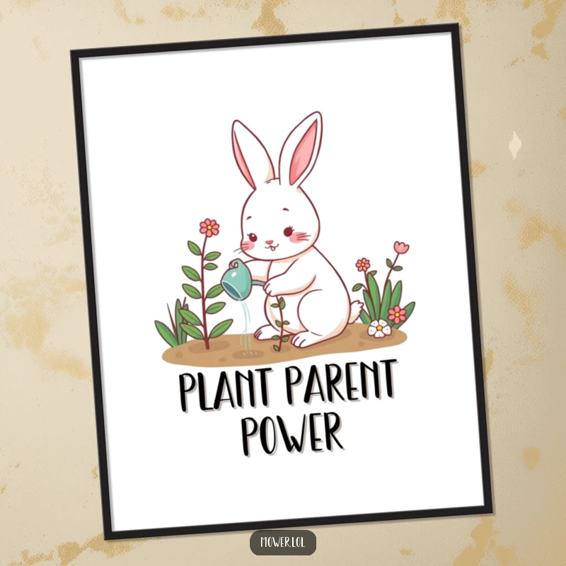 Funny rabbit watering a flourishing plant in a garden, creating a heartwarming and humorous scene for delightful wall decor.