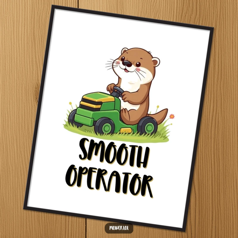 Funny playful otter using paws to guide a small riding mower, as a humorous art print poster, bringing aquatic gardening vibes to any space.