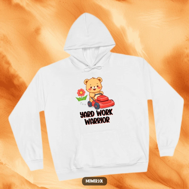 Funny bear cub in action, merrily operating a red lawn mower, radiating pure happiness and outdoor fun. An ideal funny present.