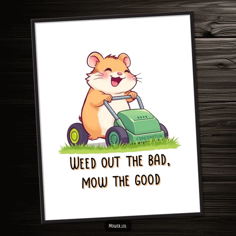 Funny Free Printable Wall Art of a giggling hamster pushing a tiny, sputtering lawn mower with determination.