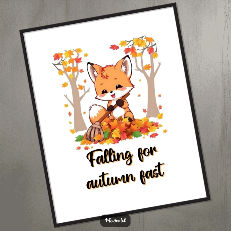 Funny Free Printable Wall Art: Cheerful fox cub happily raking a large pile of vibrant autumn leaves, fall vibes.
