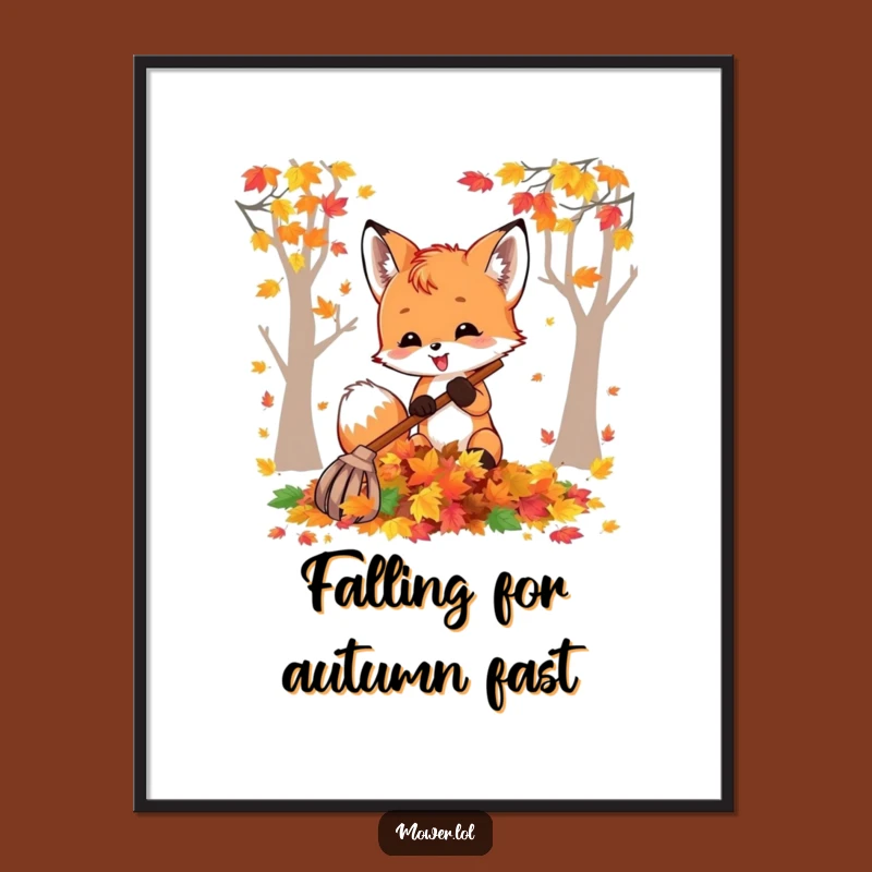 Funny Free Printable Wall Art: Fox Cub Raking Leaves Downloadable Art