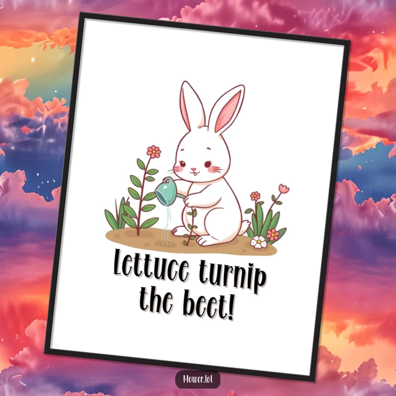 Funny Free Printable Wall Art: Playful rabbit watering a flourishing small plant in a cute garden setting, garden charm.