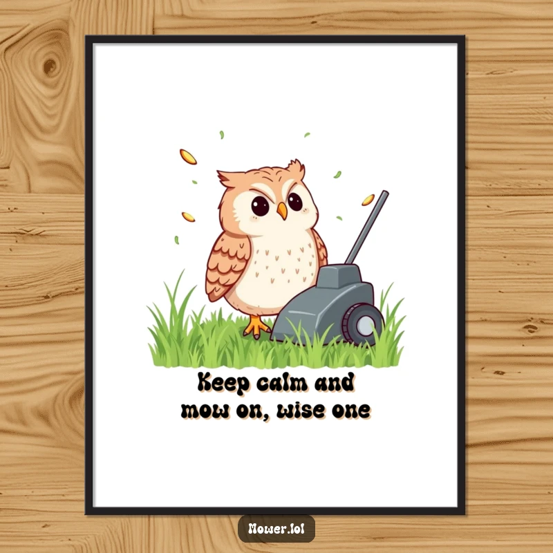 Funny Free Printable Wall Art of a content owl watching grass clippings fly from the back of a lawn mower.