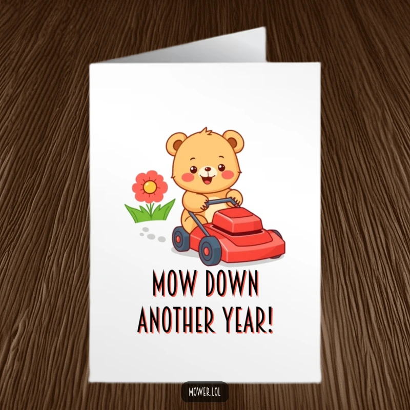 Funny Free Printable Birthday Card: Happy bear cub enthusiastically mowing a vibrant red lawn mower, ready for a celebration.