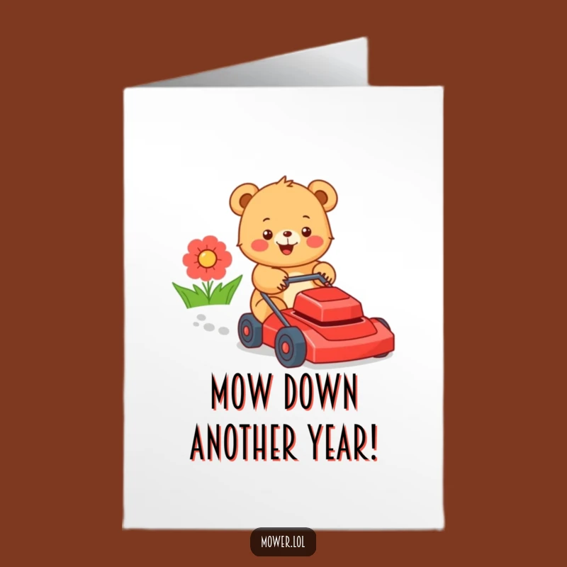 Free Printable Bear Birthday Card: Funny Cub Mowing Lawn Downloadable Gift