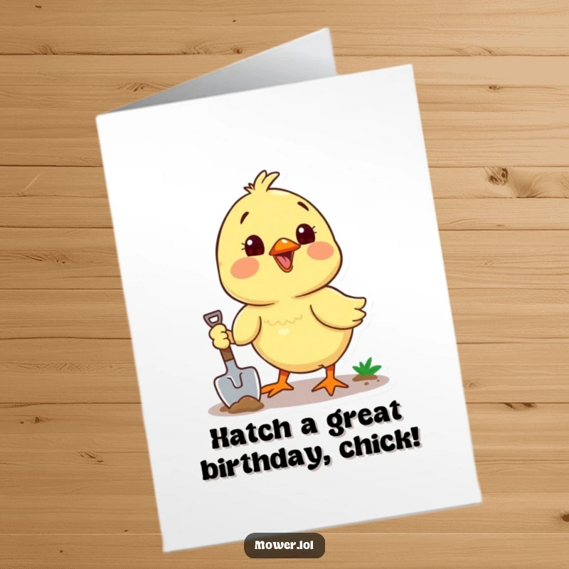 Funny Free Printable Birthday Card: Cheerful chick enthusiastically digging with a small shovel, ready for birthday fun.