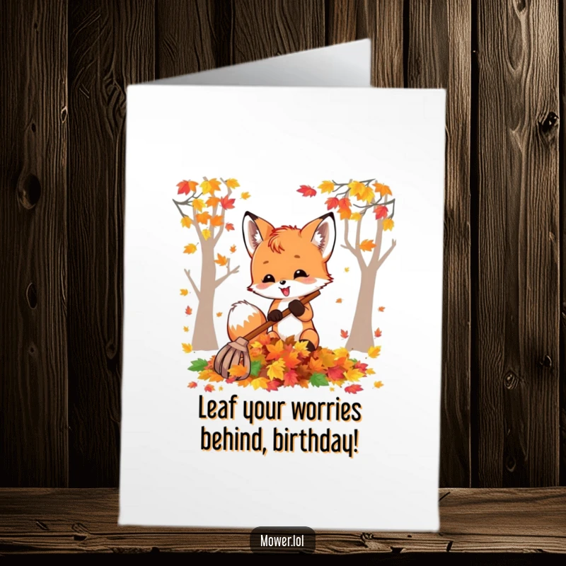Funny Free Printable Birthday Card: Delighted fox cub energetically raking a huge pile of colorful autumn leaves, happy birthday.