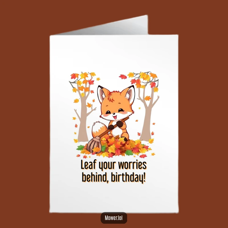 Free Printable Birthday Card: Funny Fox Raking Leaves, Downloadable