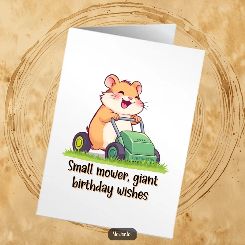 Funny Free Printable Birthday Card of a giggling hamster pushing a tiny, sputtering lawn mower.