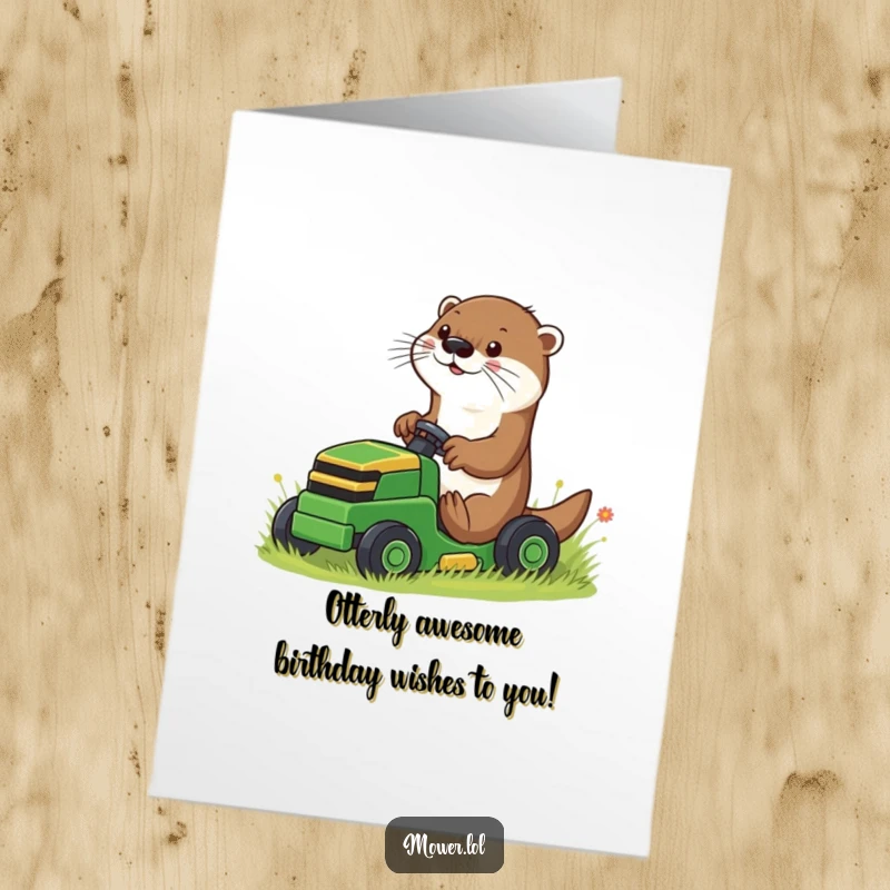 Funny Free Printable Birthday Card of a playful otter using its paws to guide a small riding mower.
