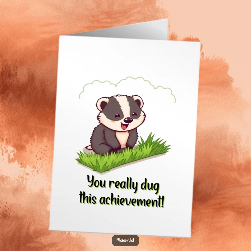 Funny Free Printable Congratulations Card: A delighted badger beams beside his impeccably mown lawn, celebrating a success.