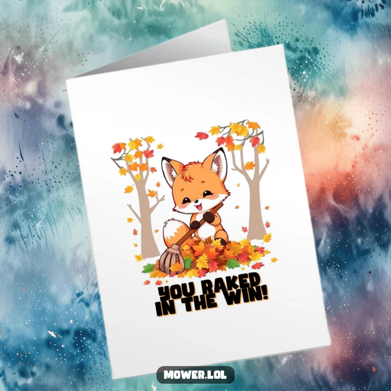 Funny Free Printable Congrats Card: Happy fox cub raking a colorful pile of autumn leaves, celebrating success.