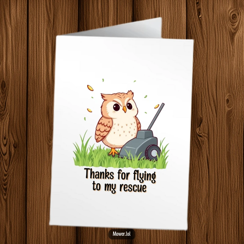 Funny Free Printable Thank You Card of a content owl watching grass clippings fly from the back of a mower.