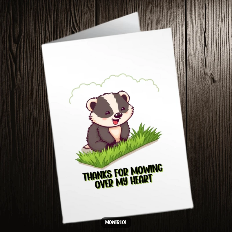 Funny Free Printable Thank You Card: A delighted badger admires his perfectly manicured lawn, a symbol of his contentment.