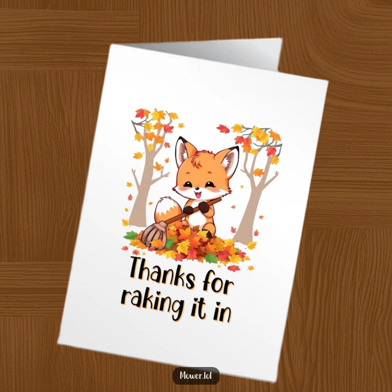 Funny Free Printable Thank You Card: Amused fox cub delightedly raking a mountain of colorful autumn leaves, expressing gratitude.