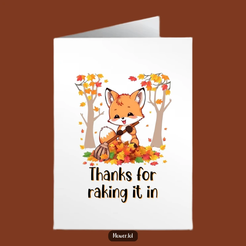 Free Printable Thank You Card: Funny Fox Raking Leaves, Downloadable