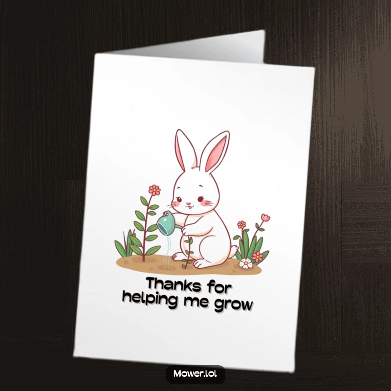 Funny Free Printable Thank You Card: Amused rabbit watering a small, healthy plant in a garden, expressing thanks.