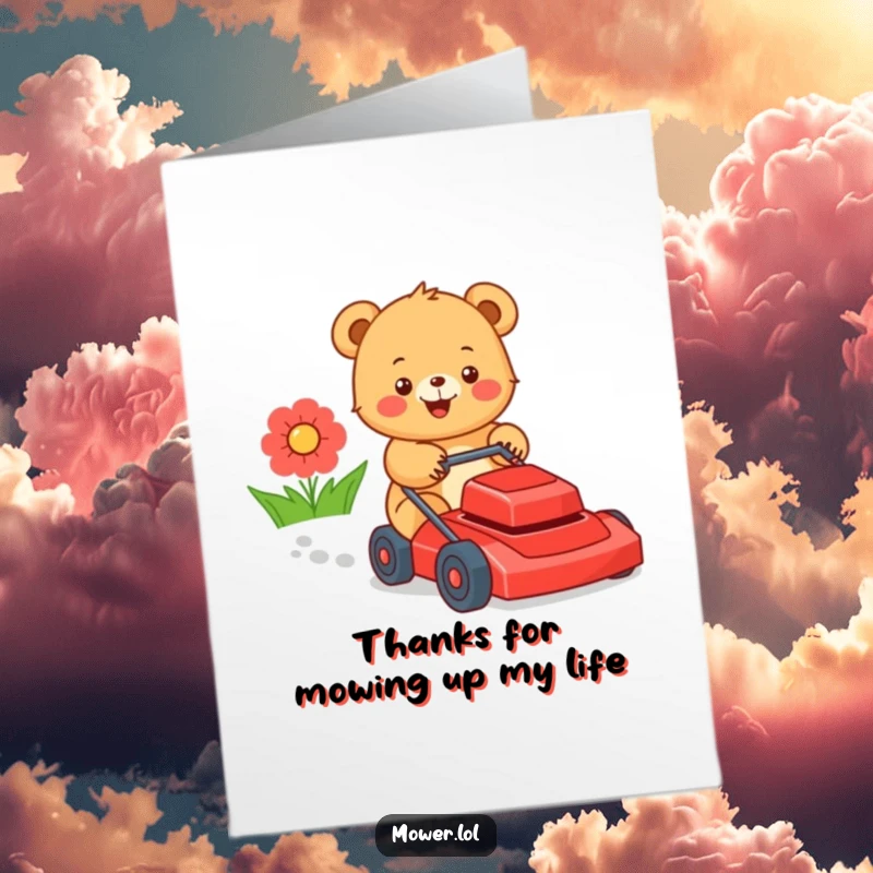 Funny Free Printable Thank You Card: Amused bear cub merrily pushing a red lawn mower, saying thanks with humor.