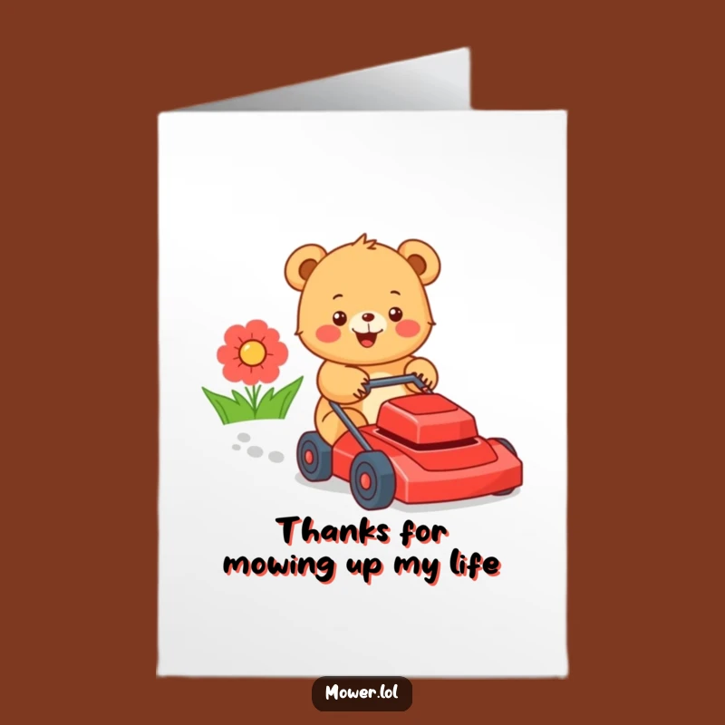 Free Printable Thank You Card: Funny Bear Cub Mowing, Downloadable