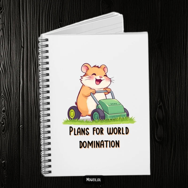 Funny giggling hamster pushing a tiny, sputtering lawn mower, on a notebook cover, ideal for gardening notes and as a funny gift.