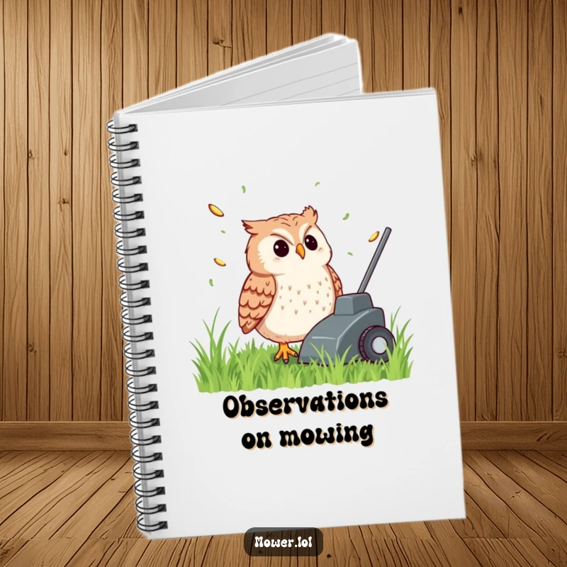 Funny, content owl watching grass clippings fly from a lawn mower, on a notebook cover, ideal for gardening notes and as a funny gift.