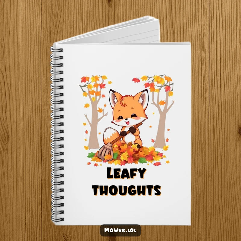 Funny fox cub raking colorful autumn leaves, symbolizing seasonal fun and creativity for note-taking. A delightful funny gift.