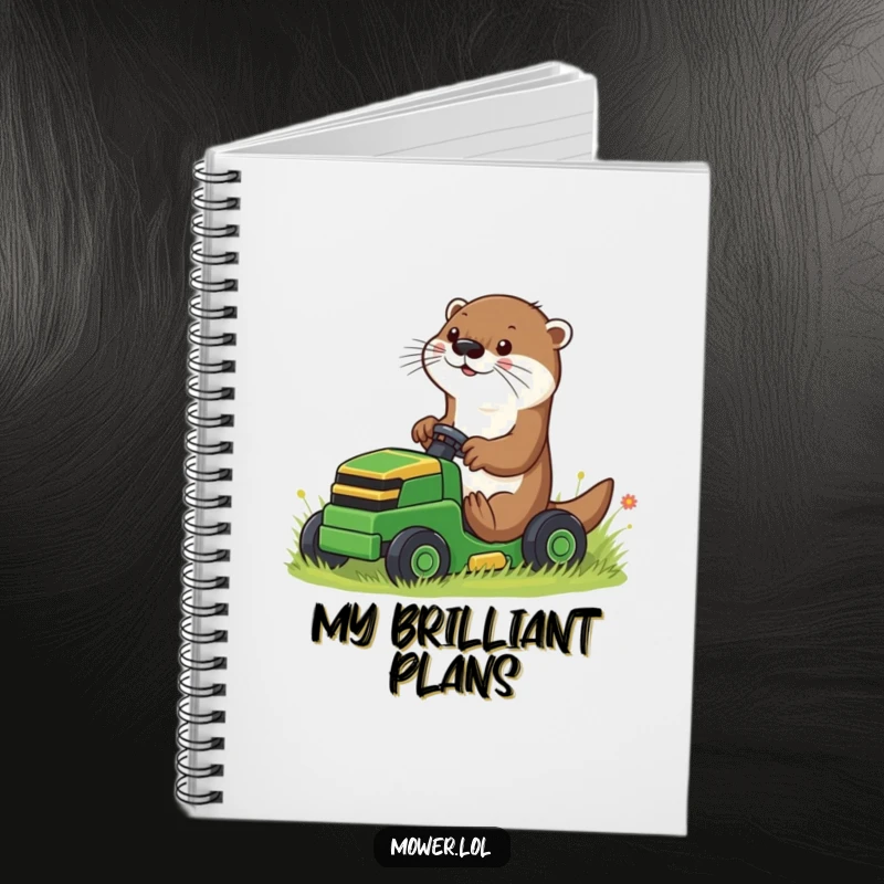 Funny playful otter using paws to guide a small riding mower, on a notebook cover, ideal for gardening notes and as a funny gift.